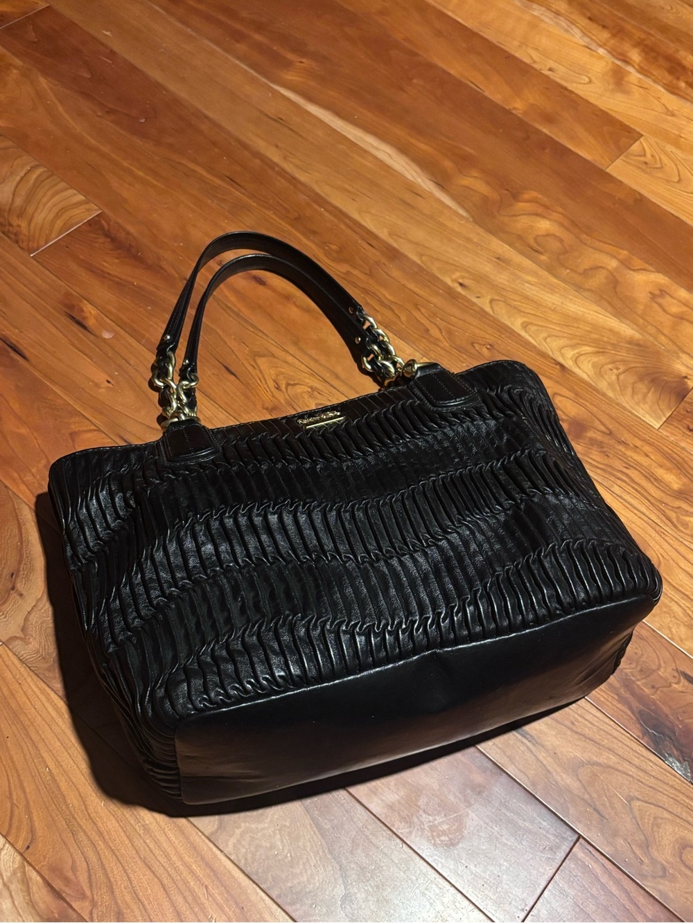 Coach Black Textured Leather Bag with Chain-Detail Handles and Crossbody Strap